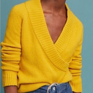 Anthropologie ett-twa Tessa Wrap Sweater Medium Mustard V-Neck Wool Alpaca Knit
